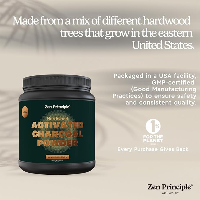Zen Principle Activated Charcoal Powder only from USA Hardwood Trees. All Natural. Whitens Teeth, Rejuvenates Skin and Hair, Supports Better Digestion. Free Scoop Included. 12 oz.