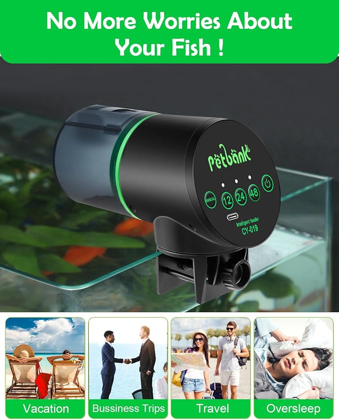 Automatic Fish Feeder for Aquarium Easy Setup & 12/24/48H Interval | 200ML USB-C Rechargeable Auto Food Dispenser for Flakes & Pellets, Vacation Feeding for Small Tank Betta Koi Turtle