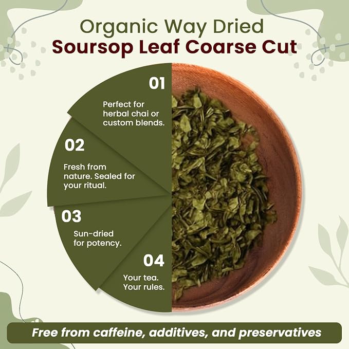 Organic Way Dried Soursop Leaf Coarse Cut (Annona Muricata) - Herbal Tea | Vegan, Non GMO & Gluten Free | Kosher Certified & Resealable Bag | 100% Raw from Sri Lanka (1Lb, 16 Oz)