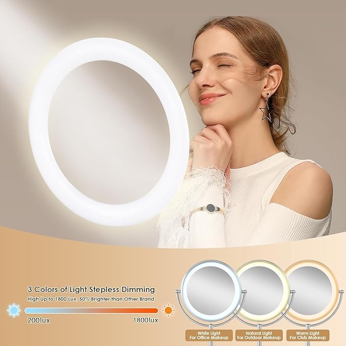 VESAUR 11" Large and 17" Tall Lighted Makeup Mirror, Double Sided 1X 10X Magnifying 3 Colors with Lights, Brightness Adjustable 360° Rotation Cosmetic Light up Mirror, Luxury Nickel