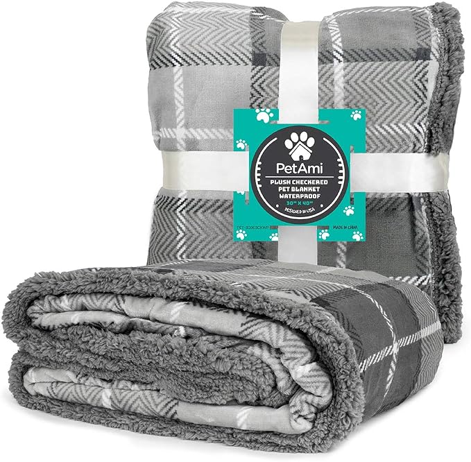 PetAmi Waterproof Dog Blanket for Small Puppy Cat, 29x40, Plaid Light Grey | 460 GSM Sherpa Fleece Reversible, Pee Proof Pet Blanket, Furniture Protector Cover for Couch Sofa Kennel Crate, Washable