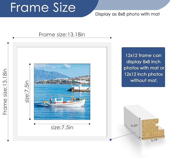 12x12 Picture Frame Set of 6, Wall Mount Display, White | Display Pictures 8x8 with Mat or 12x12 Without Mat, Horizontal or Vertical, Gallery Wall Frame Set, Wedding Birthday Gifts