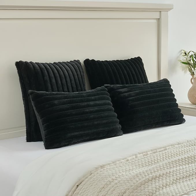 FUTEI Pack of 2 Faux Fur Throw Pillow Covers 24x24 Inch, Black | Fluffy Faux Rabbit Fur Front/Premium Velvet Back,Hidden Zipper,Machine Washable,Non-Shedding,Colorfast,Insert Not Included.