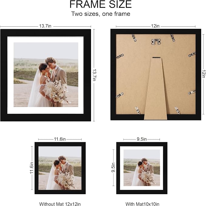 Hongkee 12x12 Picture Frame Set of 4 - Made of Glass and Black Wooden Frame, Display Square Pictures 10x10 with Mat or 12 x 12 without Mat, Desktop & Wall Collage Photo Frame