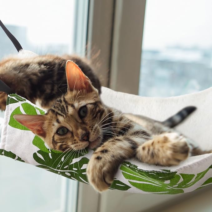 Jetec 2 Pack Cat Hammock for Cage, Monstera Leaf, L | Catio Accessories, Reversible Soft Cats Bed, Adjustable Straps and Hooks, Double-sided Linen, Fleece Hanging Hammock for Cats