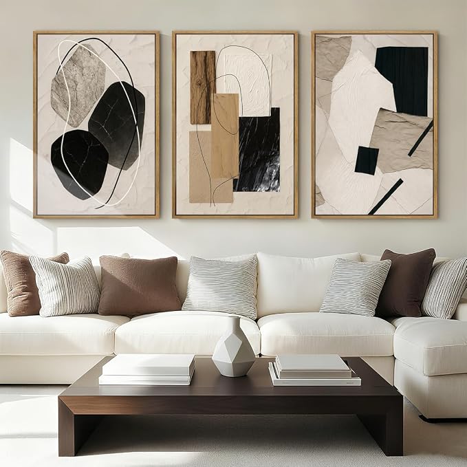 Large Abstract Paintings Framed Neutral Canvas Prints Mid Century Modern Wall Art for Living Room Bedroom Bathroom 36x24 Inch 3 Piece