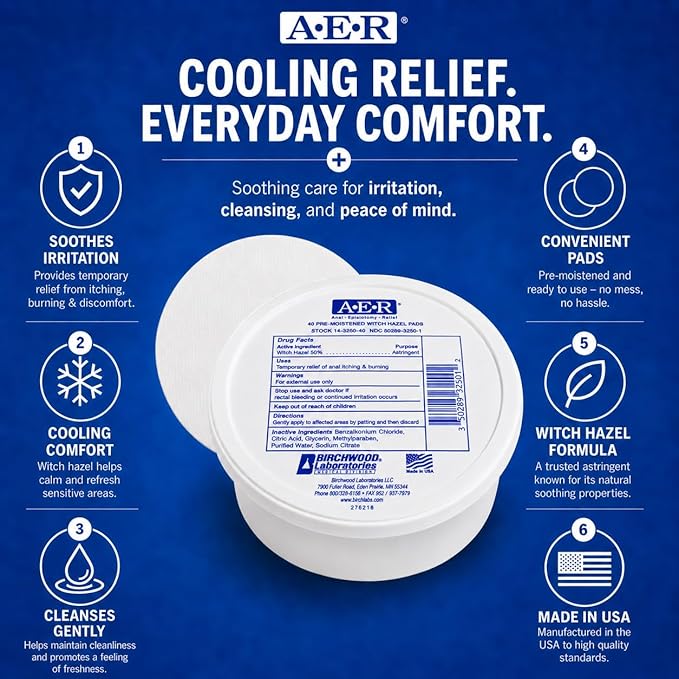 Birchwood Laboratories A-E-R Pre-Moistened Medicated Cooling Witch Hazel Pads For Hemorrhoid & Postpartum Relief, 40 Count
