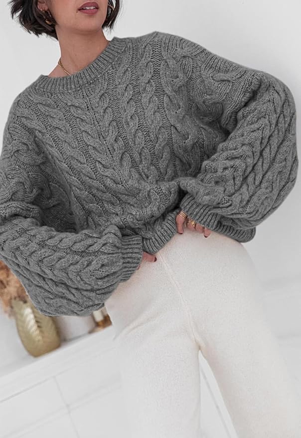 PRETTYGARDEN Womens Sweaters Spring 2026 Cable Knit Long Sleeve Crewneck Oversized Sweater Chunky Pullover Loose Outfits