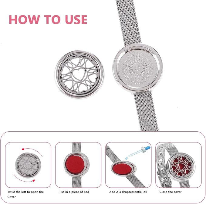 Essential Oil Diffuser Bracelet Aromatherapy Locket Adjustable Stainless Steel Heart Watch Chain Bracelet with 10 Pcs Refill Pads for Women