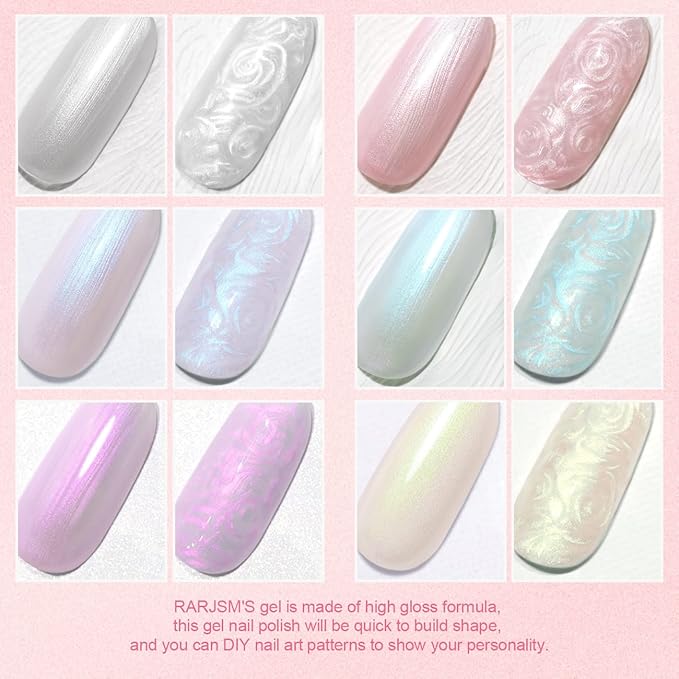 RARJSM Pearl Gel Nail Polish Set 6 Colors Pearlescent Shell Glitter White Gold Pink Green Purple Shimmer Mermaid Nail Gel Polish Soak Off Curing Requires Swirl Thread Effect DIY Manicure Use