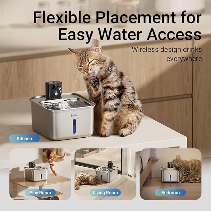 DownyPaws Cat Water Fountain Stainless Steel Wireless, Metal & 6 Filters | Cordless Battery Operated Pet Water Automatic Fountain, 101 Oz/3L Water Fountain for Cats Drinking with Motion Sensor