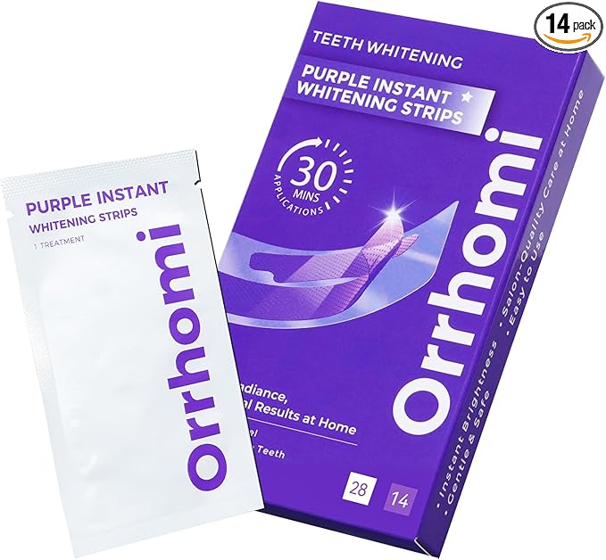 Teeth Whitening Strips 14 Treatments, Enamel Safe for Sensitive Tooth, Whitens Teeth, Purple Whitening Strips, Removes Yellow Stains & Bad Breath - Effective Color Correction for a Brighter Smile