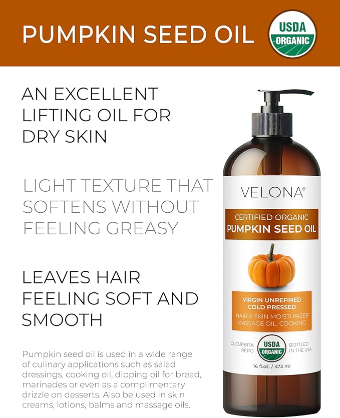 velona Pumpkin Seed Oil USDA Certified Organic - 8 Fl Oz | 100% Pure and Natural Carrier Oil | Unrefined, Cold Pressed | Cooking, Face, Hair, Body & Skin Care | Use Today - Enjoy Result