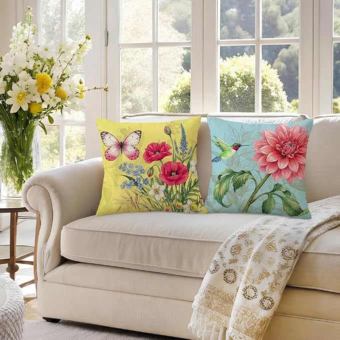 wyooxoo Spring Summer Pillow Covers 18x18 Set of 4 Decorative Throw Pillow Covers Linen Flower Butterfly Farmhouse Pillowcases for Sofa Couch Living Room Outdoor