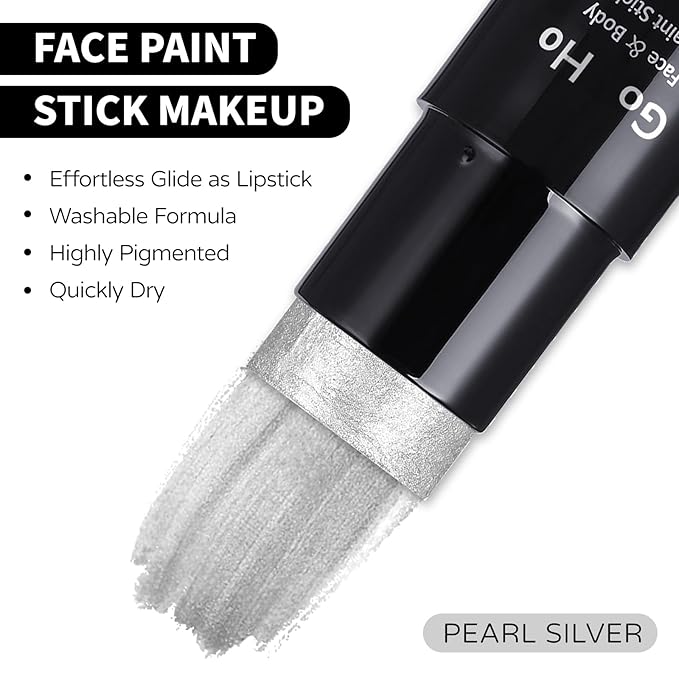 Go Ho Pearl Silver Face Body Paint Stick,Water Based Washable Face Paint Stick,Non-toxic Full-coverage Cream Silver Body Paint for Halloween Costumes Cosplay SFX Makeup