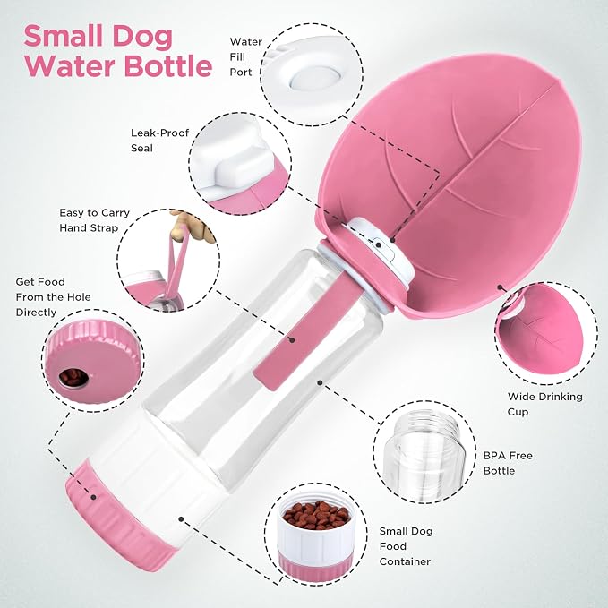 Uppetly Dog Water Bottle, Pet Water Bottle with Food Container and Drinking Feeder, Leak Proof, BPA-Free, Portable Foldable Puppy Water Cup Dispenser for Outdoor Walking, Travel, Hiking Large Pink
