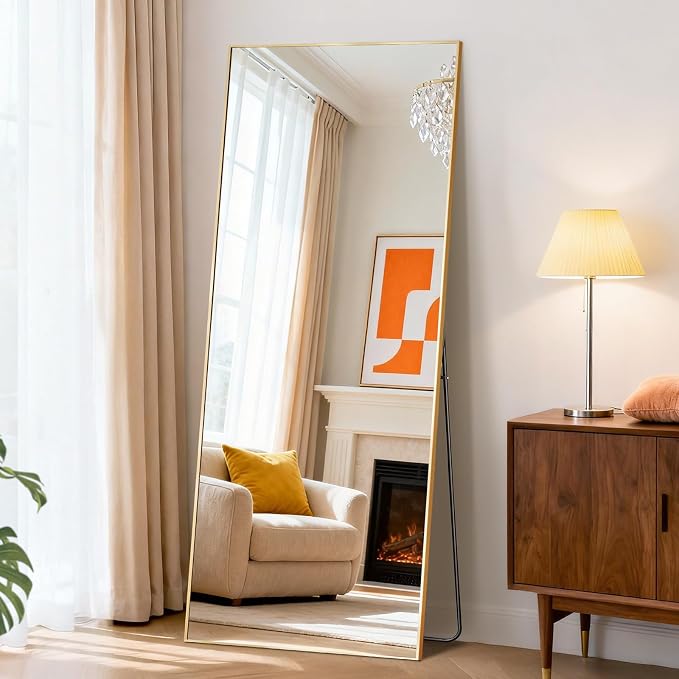 DUMOS 64"x21" Full Length Mirror with Stand, Full Body Floor Mirror | Free Standing or Wall Mount, Nano Glass Aluminum Frame, Hanging or Leaning, Modern Simple Home Decor, Gold