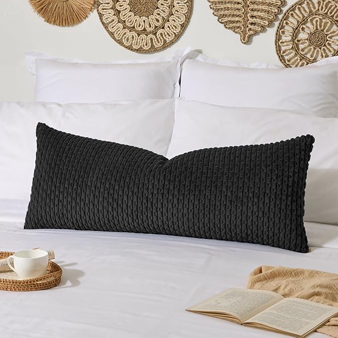 Kevin Textile Soft Corduroy 14"x36" Lumbar Pillow Cover 1 Pack, Black | Boho Stripe Plush Corduroy Decorative Oblong Cushion Cover Modern Farmhouse Home Decor for Sofa Couch Bed Chair