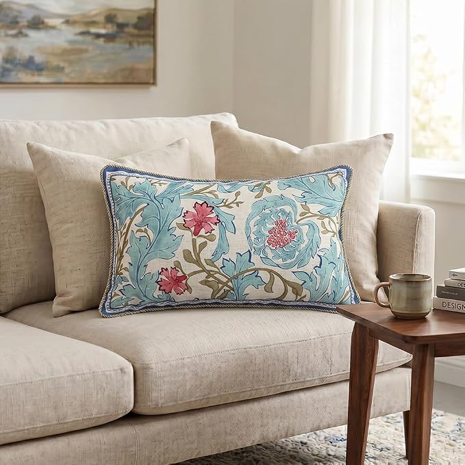 patdrea Designer Vintage Linen Throw Pillow Cover,12"x20"-Fromm A | Luxury Decorative Pillow Case with Zipper,Blue Floral Pattern,Pillow Cover for Couch Living Room Bedroom Sofa