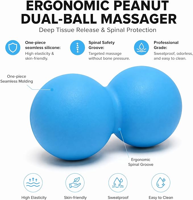 Silicone Peanut Massage Ball—Double-Sided Hockey-Shaped Yoga Ball and Physical Therapy Exercise Ball—A deep-tissue massage tool for myofascial release, muscle relaxation, and acupressure therapy