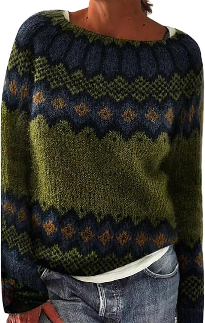 Zhyaj Fair Isle Sweater for Womens Winter Long Sleeve Vintage Knitted Sweater Casual Fall Crew Neck Pullover Sweaters