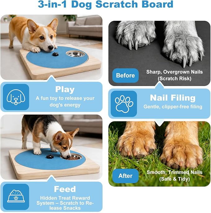 Dog Nail Scratch Board with Treat Board, Stress-Free Nail Care for Dog | Wood Scratching Pad with Sandpaper and 6 Steel Bowls, Nail File Toy for Dog