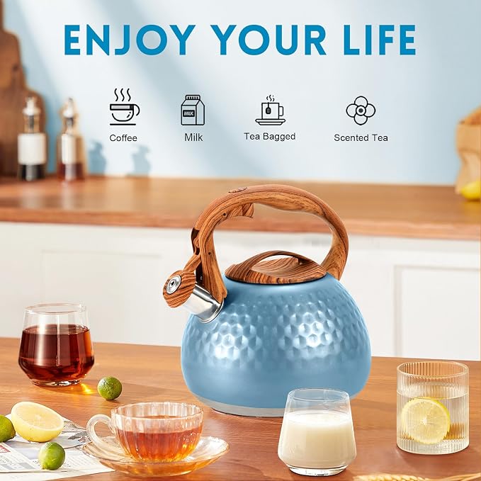 GGC Tea Kettle for Stove Top, Loud Whistling Kettle for Boiling Water Coffee or Milk, 3.1 Quart 3L Heavy Stainless Steel Blue Kettle with Wood Pattern Handle, Unique Button Control Kettle Outlet