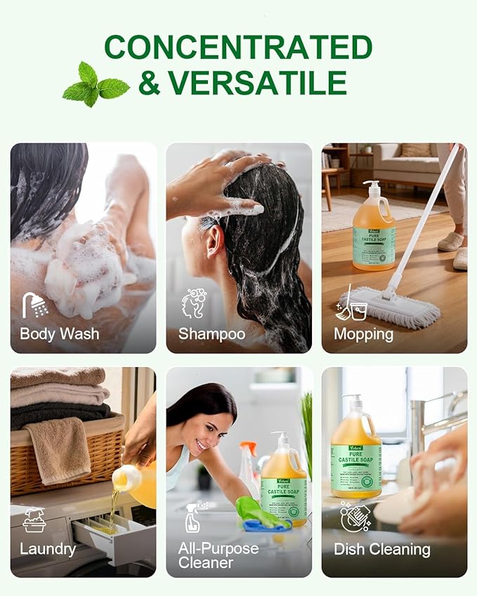 Yoken EWG Verified Peppermint Castile Soap Liquid, 1 Gallon Bulk Size, Made with Certified Organic Oils, Gentle Peppermint Soap for Body Wash, Hands, Dishes, Laundry & More, Natural Versatile Cleanser