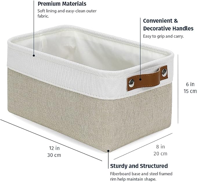 OrganiHaus 12x8in Canvas Storage Baskets, 6 Pack - Fabric Bins for Shelves | Vegan leather handles; a decorative pantry and office organizer, container for desk and books