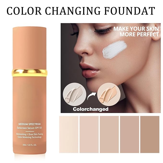 Foundation 4 in 1 - Medium Spectrum with SPF 50+ Inspired, Hydrating Color Changing Foundation Makeup Liquid - Longwearing & Waterproof for Sport, Dancing