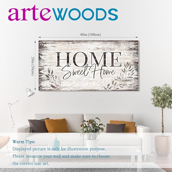 arteWOODS Home Sweet Home Wall Art Sign Large Dark Brown Farmhouse Wall Sign for Living Room Decoration Wooden Board Design Canvas Prints Modern Rustic Artwork Leaf Pictures Wall Decor 20" x 40"