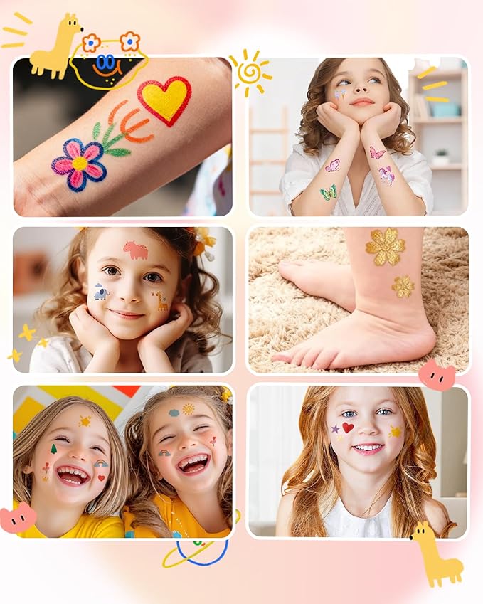 Oiomniv Temporary Tattoo Markers, 15PCS Body Markers Dual-End for Kids Adults, 62 Tattoo Stencils Temporary Tattoos Stickers, Glitter Matte Neon Tattoo Pens, Flexible Brush Tip, Skin Safe