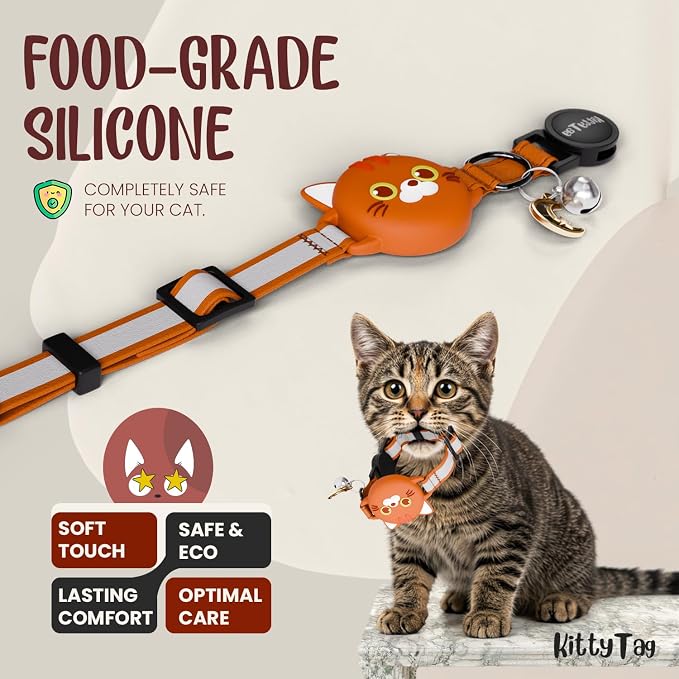 AirTag Cat Collar – Breakaway Reflective & Waterproof Collar with Built-in Holder, Adjustable with Bell for Indoor/Outdoor Cats – AirTag Not Included (Orange)