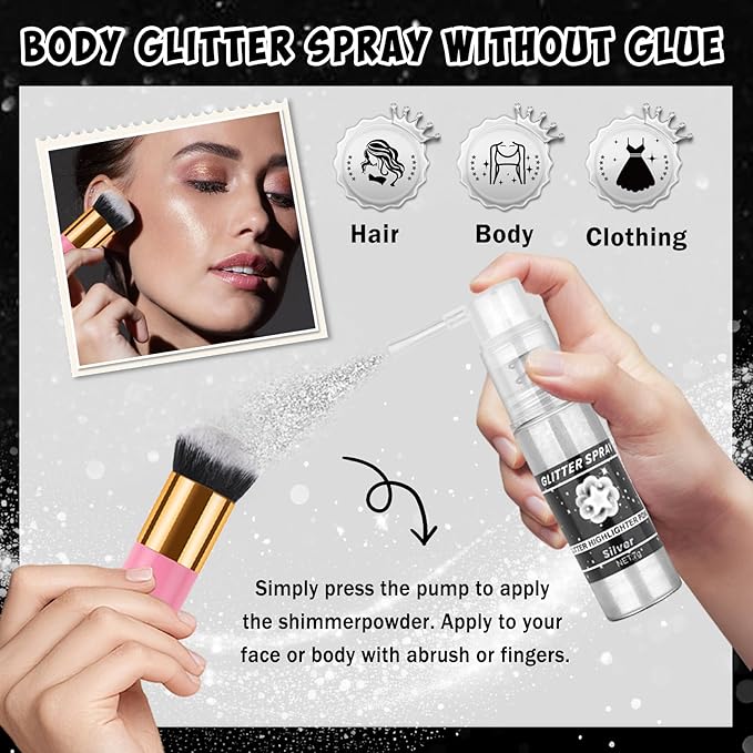 AWCCXMYM Body Glitter Spray Sparkle Hairspray Highlighter Glitter Shiny Spraay for Hair and Body,Face Glitter Powder for Halloween,Christmas,Concert Accessories Party Body Makeup(Silver)
