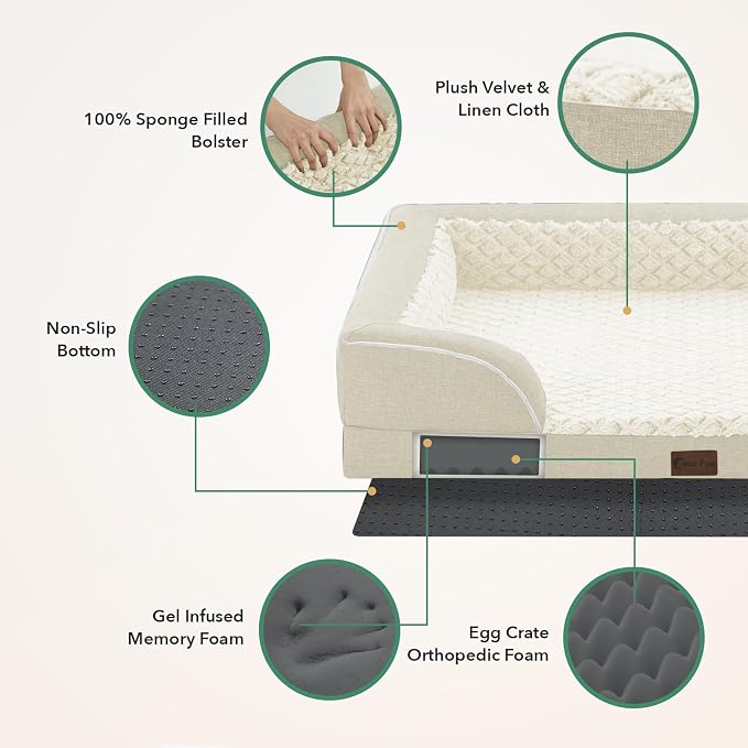 Waterproof Orthopedic Dog Bed for Extra Large Dogs, 53x42in, Beige | Orthopedic Foam Eases Joint Pressure, Bolsters Supports Head And Neck, Washable Pet Beds, Removable Cover, Non-Slip Bottom