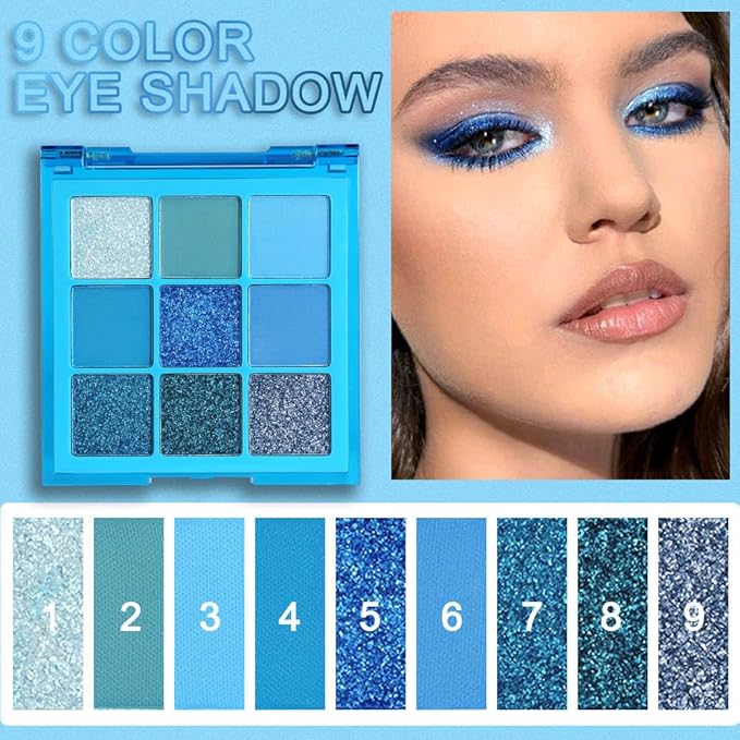 evpct 9 Colors Blue Glitter Eyeshadow Palette, Glitter Dark Light Royal Cobalt Baby Sky Navy Blue Metallic Shimmer Sparkly Eye Shadow Palette Makeup for Older Women, Highly Pigmented Eyeshadow