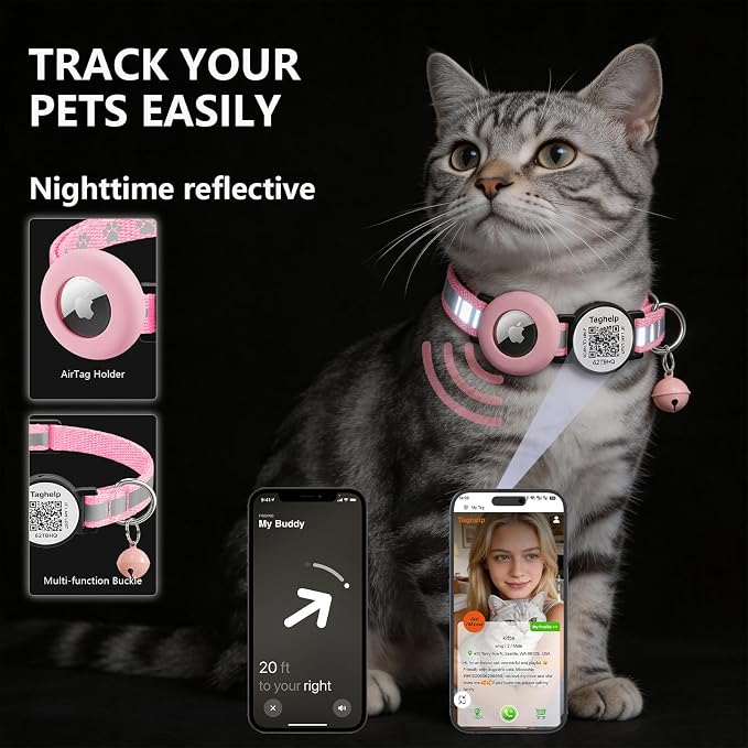 2 Pack Airtag Cat Collar, Breakaway Cat Airtag with Smart ID tag & QR Code Reflective (Reflective Strip & Paw Pattern - Pink, with Integrated AirTag Holder)