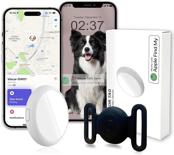 GPS Tracker for Dogs, Mini GPS Cat Tracker, IPX68 Waterproof GPS Tracker for Cats with Holder, No Monthly Fee, Work with Apple Find My(iOS Only), Smart Tracker for Dogs Finder Tracker Pets(Black-L)