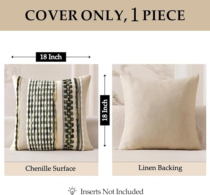 ANRODUO Boho Decorative Pillow Covers Olive Green Stripe 18x18 Pack of 1 | Throw Pillow Covers, Farmhouse Cushion Case, Chenille Pillow Cases, Pillow Covers, Accent Neutral Pillowcase for Couch Bed