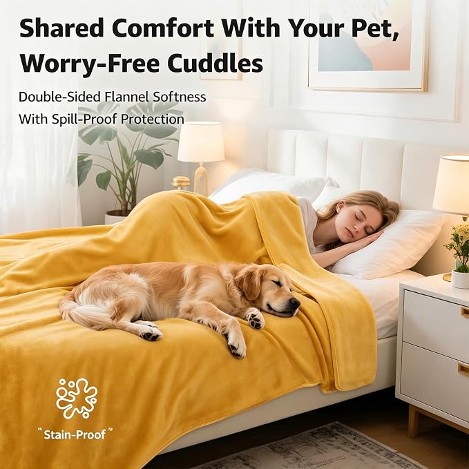 LOOBANI Waterproof Blanket for Bed, Flannel Twin Size 60"x80", Yellow | Double-Side Leak-Proof, Reversible, Stain-Proof Cover for Sofa Bed Protection, Ideal for Rest Movie Time, Camping, Travel