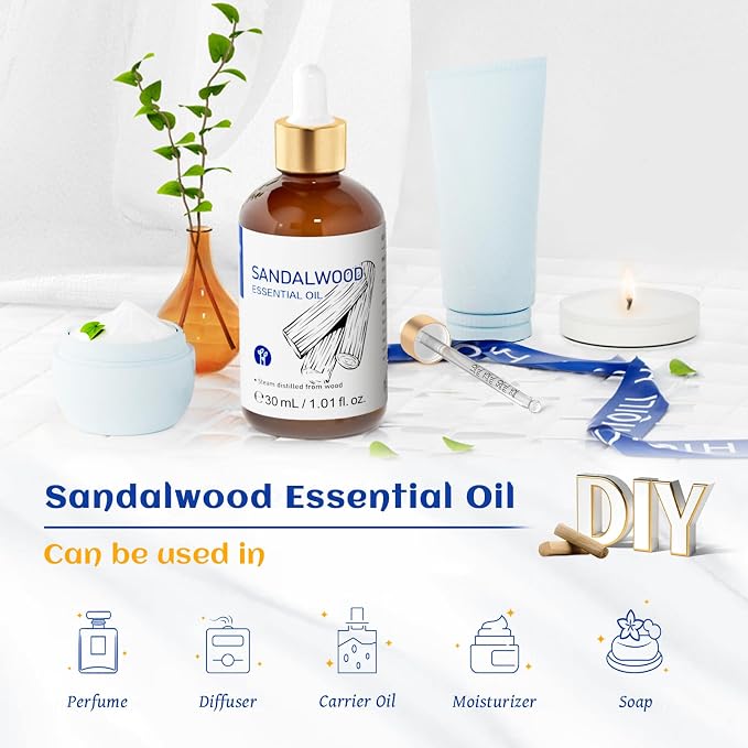 HIQILI Sandalwood Essential Oils 1 Fl Oz, for Skin, Diffuser, Perfume, Candle Soap Making, Includes Premium Quality Glass Dropper | Versatile for Perfume, Hair Care & Room, Soothes Mind, Moisturizes, Deodorizes Laundry - 30mL / 1.01 fl.oz