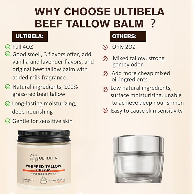 100% Grass-Fed Handmade Beef Tallow for Skin Care, Whipped Tallow and Honey Balm for Body ＆ Face Natural Body Cream for Dry & Sensitive Skin, 4OZ (Unscented)