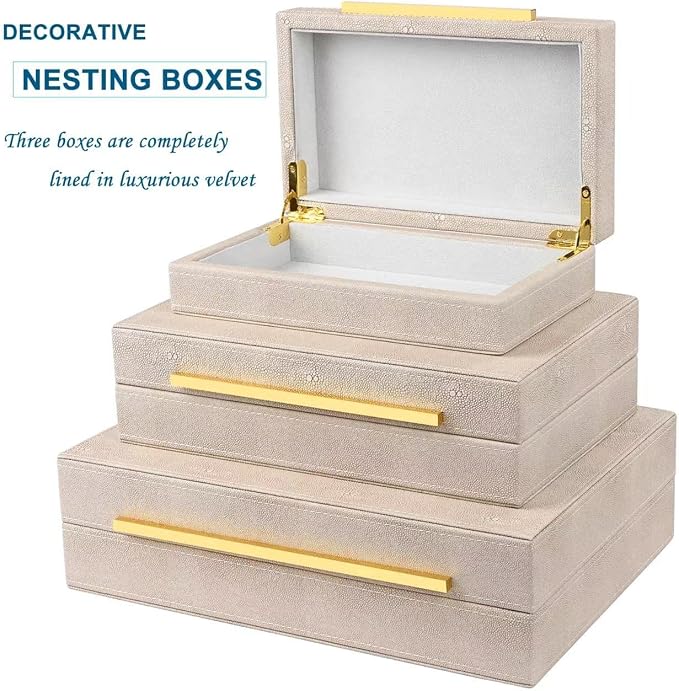 Ivory Shagreen Box Set Of 3 Faux Leather Decorative Boxes, Large Modern Nesting Storage Decorative Boxes with Lids for Home Decor Stacking jewelry Box Organizer