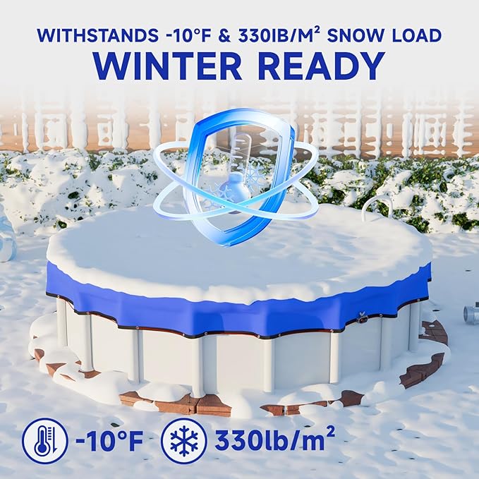 [Upgraded] 18ft/21ft/24ft/28ft Round Winter Pool Covers for Above Ground Pool Cover 24FT Cover 4FT Overlap - 500D Windproof with Steel Cable & Heavy Duty Winch - Swimming Pool Winter Cover Blue