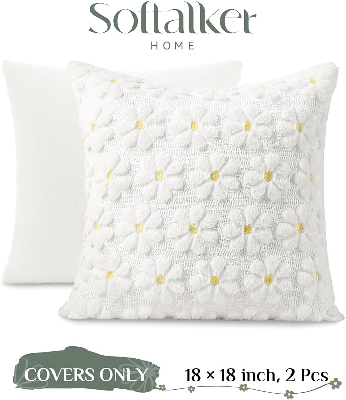 Softalker Spring Summer Decorative Pillow Covers 18 x 18 Inch Set of 2,Outdoor Farmhouse Floral Daisy Soft Faux Fur Cushion Covers, 3D Pillow Cases for Bedroom Living Couch Sofa Home Decor, White