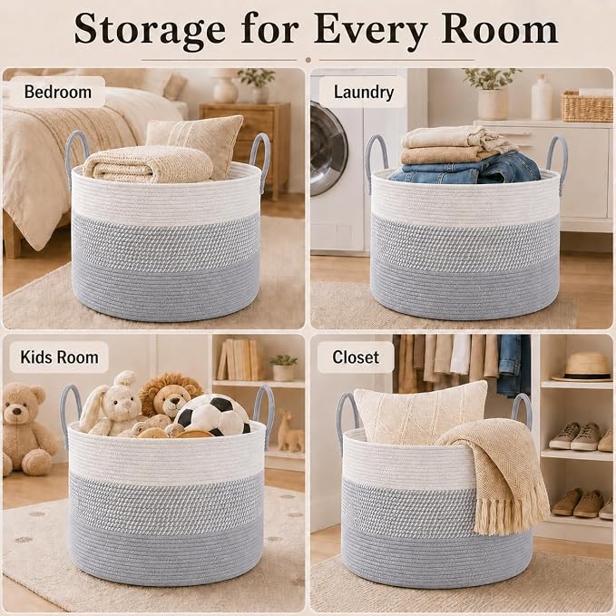 JMvicyroam 65L Extra Large Machine Washable Cotton Rope Blanket Basket | Collapsible laundry hamper, Reinforced handles, For blankets,pillows,toys and clothes, Living room and bedroom,White&Grey Mix