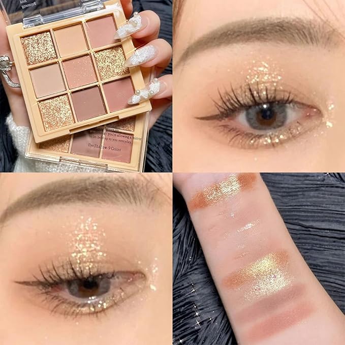 9 Colors Milk Tea Glitter Eyeshadow Palette, Matte Nude Neutral Brown Blendable Shades, Bronzer Champange Gorgeous Pearls Powder Eyeshadow, Sparkling Shimmer Daily Bright Diamond Makeup #01