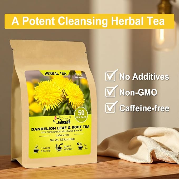 FullChea - Dandelion Leaf & Root Tea bags, 50 Teabags, 2g/bag - Natural Dandelion Herbal Tea for Liver & Kidney Health - Non-GMO - Caffeine-free - Support Digestion & Boost Immune System (Pack of 2)