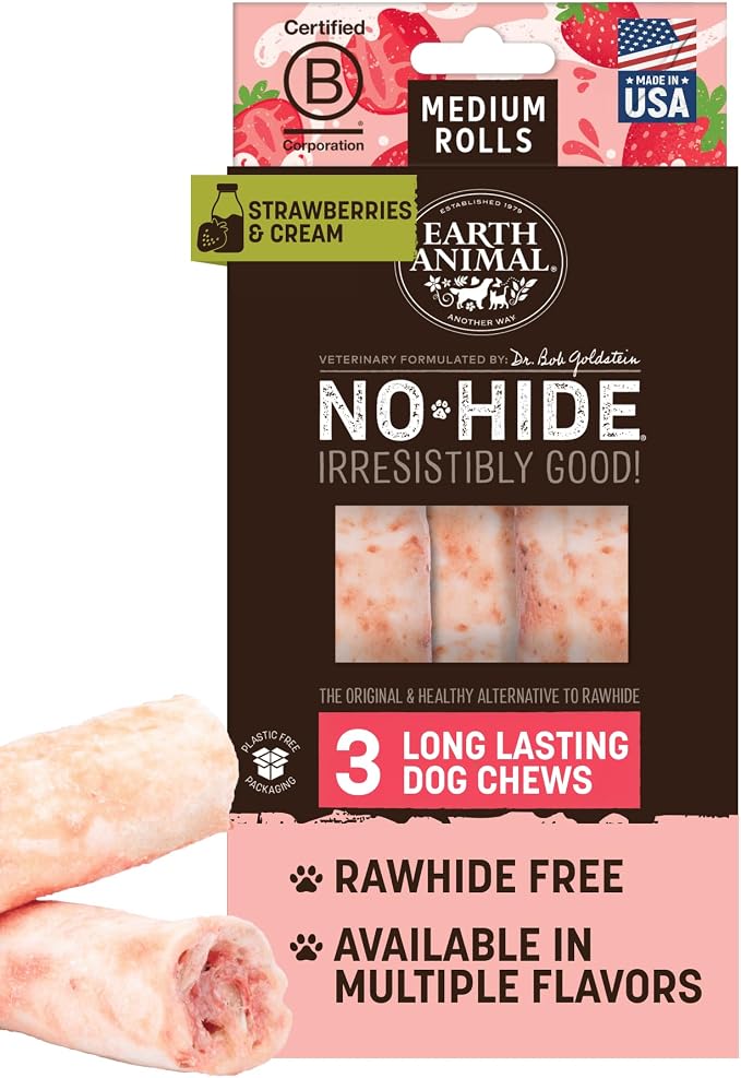 Earth Animal No Hide Dog Chews - Medium Rolls 3 Count Strawberries & Cream | Strawberries & Cream Flavored Natural Rawhide Free Long Lasting Dog Chews - Treats for Medium Dogs and Aggressive Chewers