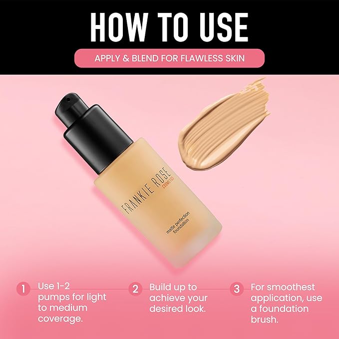 Frankie Rose Cosmetics Matte Perfection Foundation Makeup – Long-Lasting, Hydrating Foundation for Semi-Matte Finish - Foundation Full Coverage for All Skin Types - (Bare) 1.0 US fl oz / 30 ml